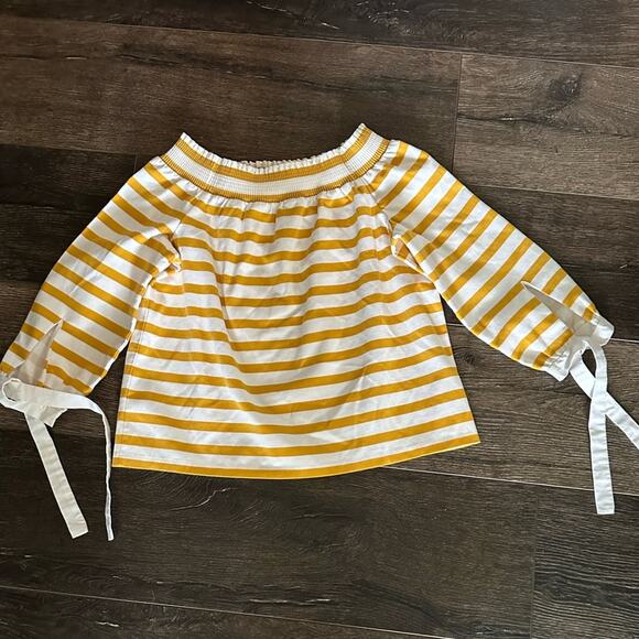 J. Crew Off-Shoulder Top in Yellow and White 3/4 length Sleeves Stripes Size XXS - Picture 1 of 5